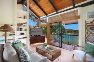 A Kauai vacation rental living room to relax in after scuba diving.
