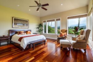 The bedroom of a Kauai vacation rental to stay in when visiting for fall festivals.