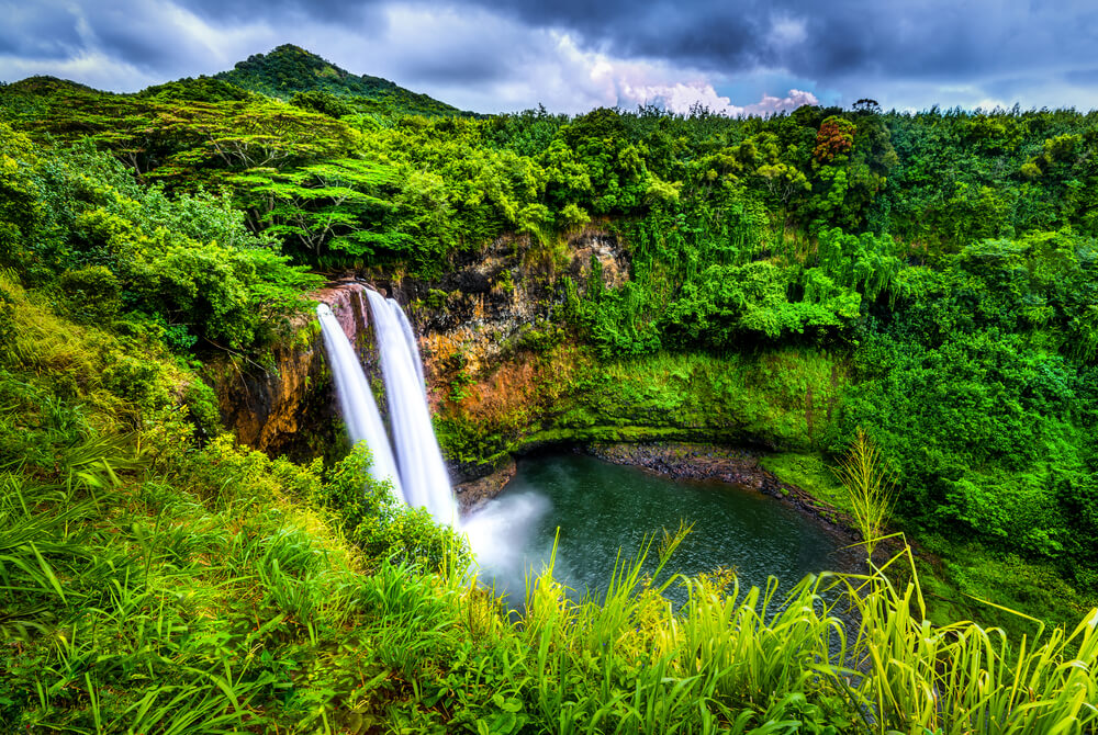 The view of one of the most popular waterfalls in Kauai.