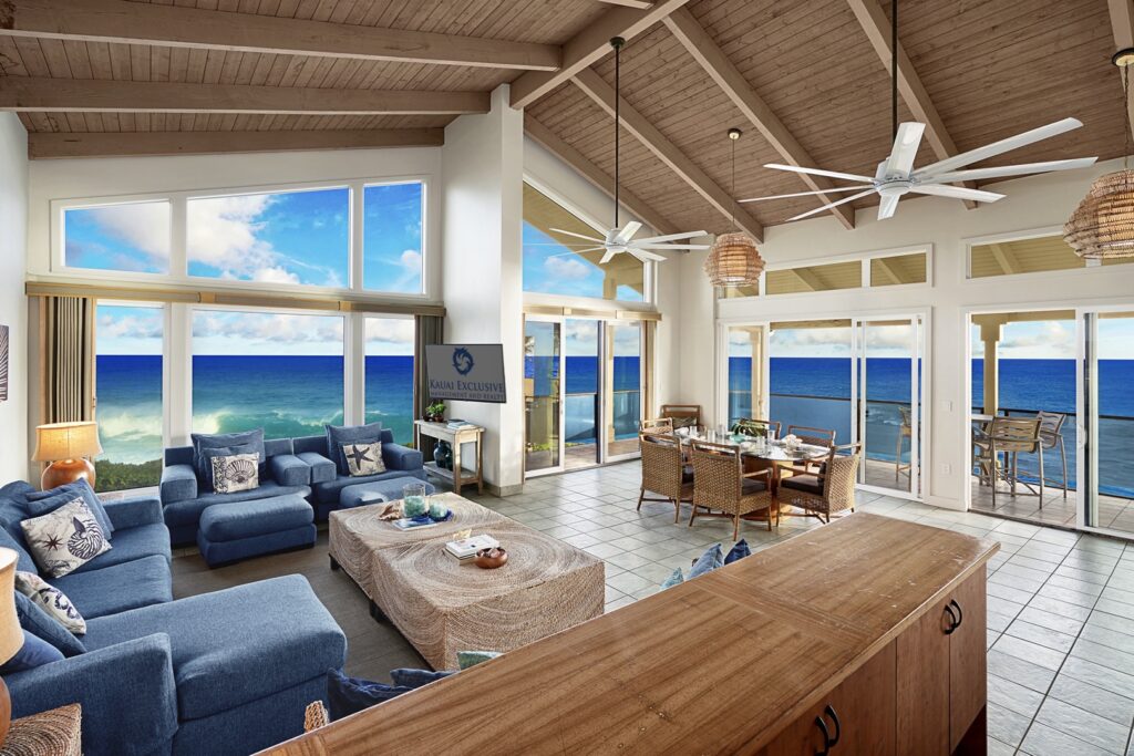 Summer in Hawaii The living area of a Kauai vacation rental to stay at on a summer vacation in Hawaii.
